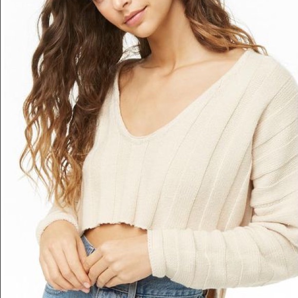 Cream v neck ribbed cropped f21 sweater - Picture 6 of 6